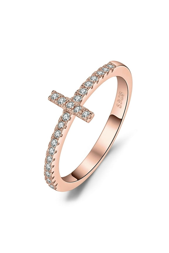 925 Sterling Silver Cubic Zirconia Sideways Cross Ring for Women Rose Gold Plated