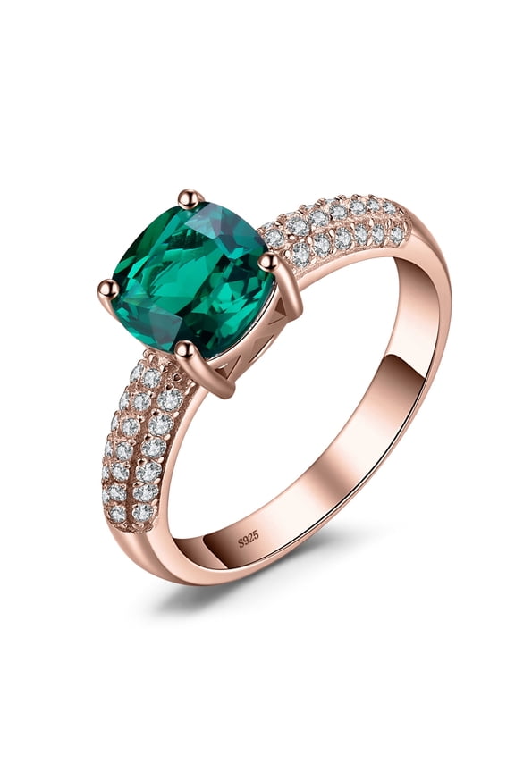 Cushion Cut 1.8ct Nano Russian Simulated Emerald Solitaire Engagement Ring 925 Sterling Silver Rose Gold Plated
