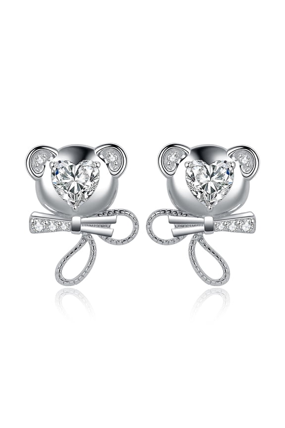 Cute Bear 3.1ct Heart Cut Cubic Zirconia Stud Earrings 925 Sterling Silver