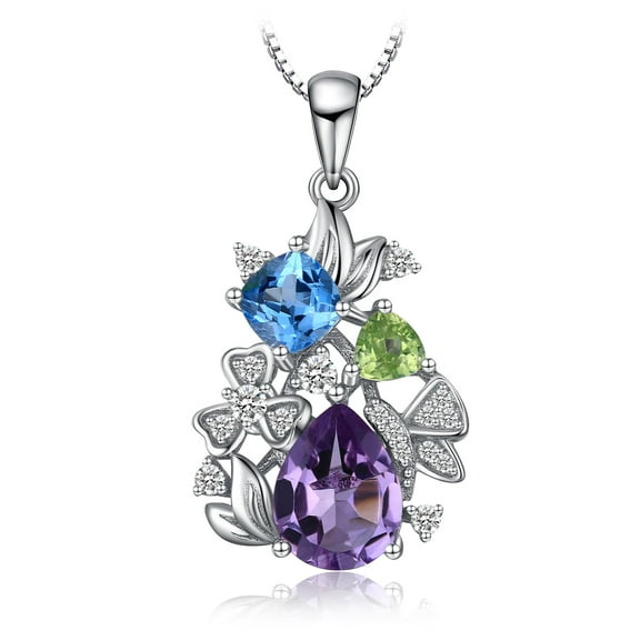 Jewelrypalace Flower Party Pear Cut Amethyst Swiss Blue Topaz Triangle Green Peridot Round Cut Cubic Zirconia Pendant 925 Sterling Silver