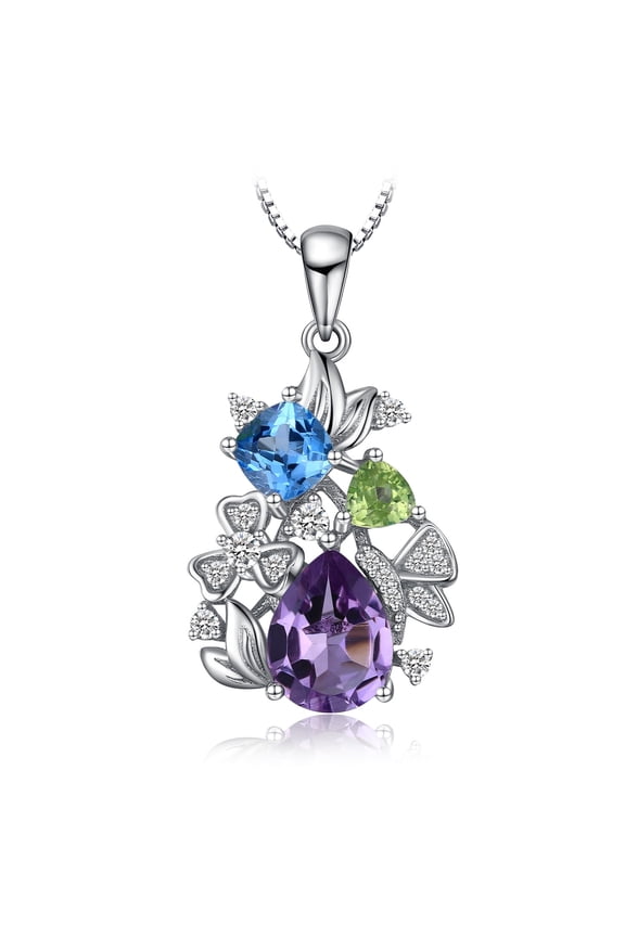 Flower Party Pear Cut Amethyst Swiss Blue Topaz Triangle Green Peridot Round Cut Cubic Zirconia Pendant 925 Sterling Silver
