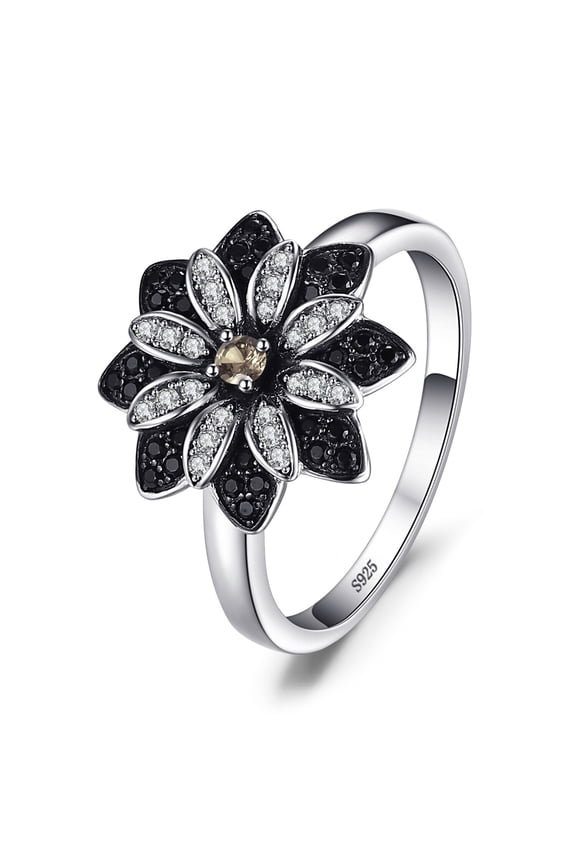 Flower Round Genuine Taupe Smoky Quartz Black Spinel Cocktail Ring 925 Sterling Silver