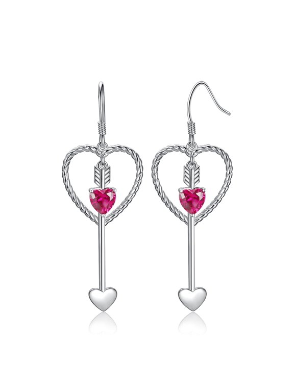 Love Heart Cupid Arrow 1.8ct Heart Cut Ruby Color Cubic Zirconia Drop Earrings 925 Sterling Silver