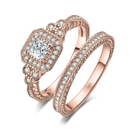 Jewelrypalace Princess Cut 0.5ct Cubic Zirconia Anniversary Promise Wedding Band Engagement Ring Channel Bridal Sets 925 Sterling Silver Rose Gold Plated