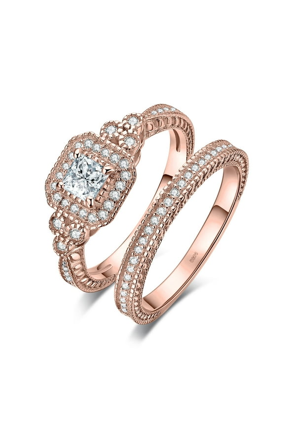 Princess Cut 0.5ct Cubic Zirconia Anniversary Promise Wedding Band Engagement Ring Channel Bridal Sets 925 Sterling Silver Rose Gold Plated