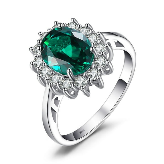 Jewelrypalace Princess Diana Kate Middleton Class Gemstone Birthstone Green Emerald Halo Statement Engagement Rings for Women, 14K Gold Plated 925 Sterling Silver 6