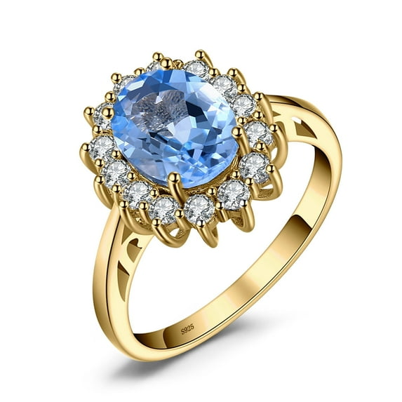 Jewelrypalace Princess Diana Kate Middleton Gemstone Birthstone Blue Topaz Halo Statement Engagement Rings for Women, 14K Yellow Gold Plated 925 Sterling Silver Size 9