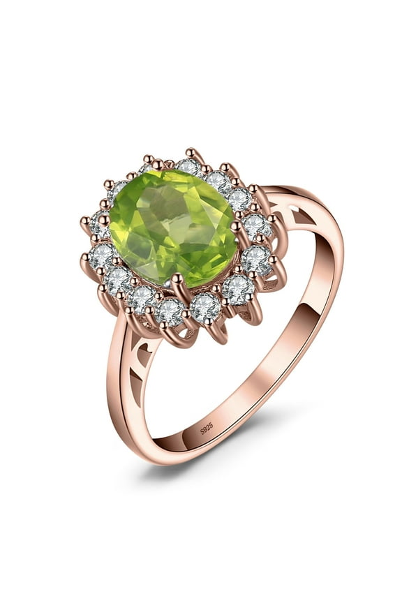 Princess Diana Kate Middleton Gemstone Birthstone Genuine Peridot Halo Statement Engagement Rings for Women, 14K Rose Gold Plated 925 Sterling Silver Size 7