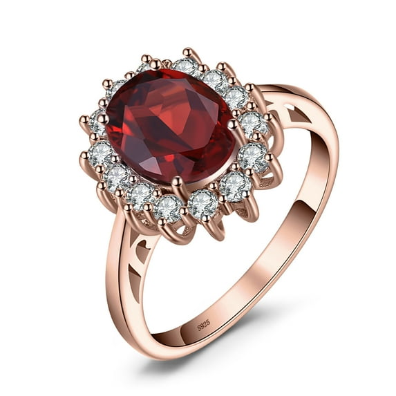 Jewelrypalace Princess Diana Kate Middleton Gemstone Birthstone Genuine Red Garnet Halo Statement Engagement Rings for Women, 14K Rose Gold Plated 925 Sterling Silver Size 8