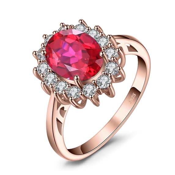 Jewelrypalace Princess Diana Kate Middleton Gemstone Birthstone Red Ruby Halo Statement Engagement Rings for Women, 14K Rose Gold Plated 925 Sterling Silver Size 7