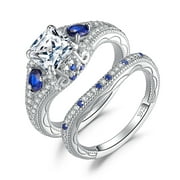 Jewelrypalace Vintage 1.5ct Cushion Cut Cubic Zirconia Created Blue Sapphire Engagement Rings for Women, Infinity Heart 925 Sterling Silver Promise Rings for her, Knot Wedding Ring Band Bridal Sets