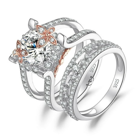 Jewelrypalace Vintage Butterfly Flower Wing Leaf Round Cut 3ct Cubic Zirconia Halo Engagement Ring Bridal Sets Wedding Band Stacking Ring 14K White Rose Gold 925 Sterling Silver Size 7