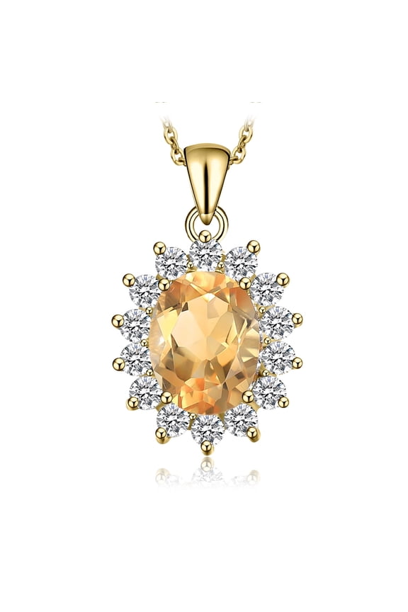 Vintage Kate Princess Diana 1.8ct Oval Genuine Citrine Halo Pendant 925 Sterling Silver Yellow Gold Plated