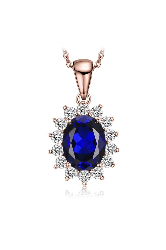 Vintage Princess Diana William Kate Middleton Oval 3.2ct Created Blue Sapphire Pendant 925 Sterling Silver Rose Gold Plated