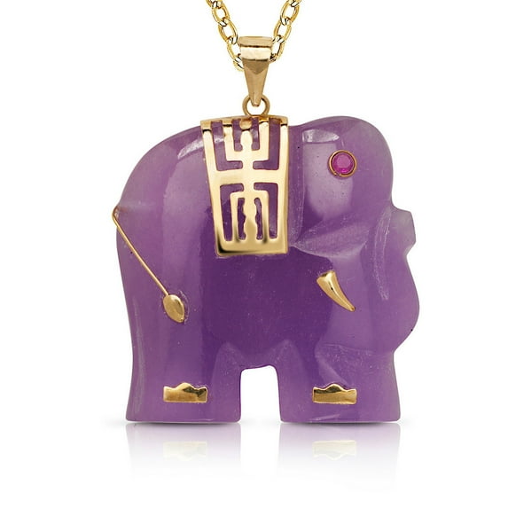 Jewelryweb 14k Gold Lavendar Jade Or Blue Lapis Good Luck Elephant Necklace (22mm X 30mm) (purple) Pendant Necklace for
