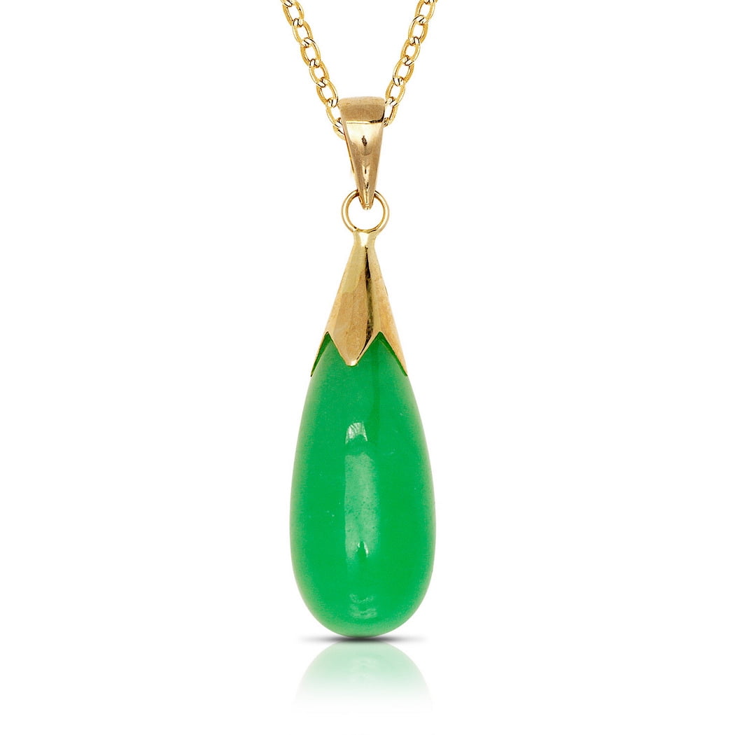 JEWELRYWEB 14k Yellow Gold 16 Inch Green Dyed Jade Teardrop Dangle Pendant Necklace (5mm X 26mm)-Pendant for Women
