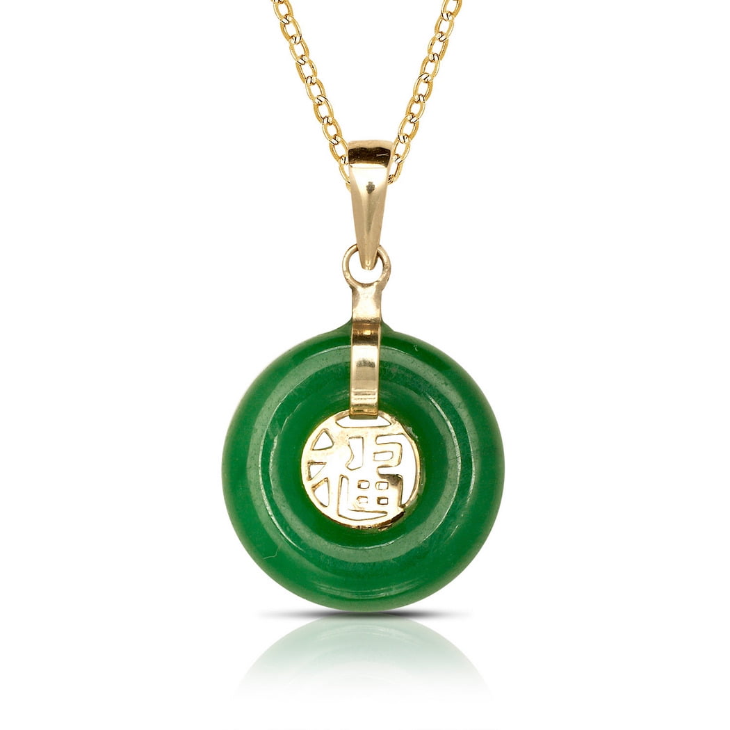 JEWELRYWEB 14k Yellow Gold 16 Inch Green Jade Small Circle Dangle Pendant Necklace (12mm X 20mm)-Pendant for Women