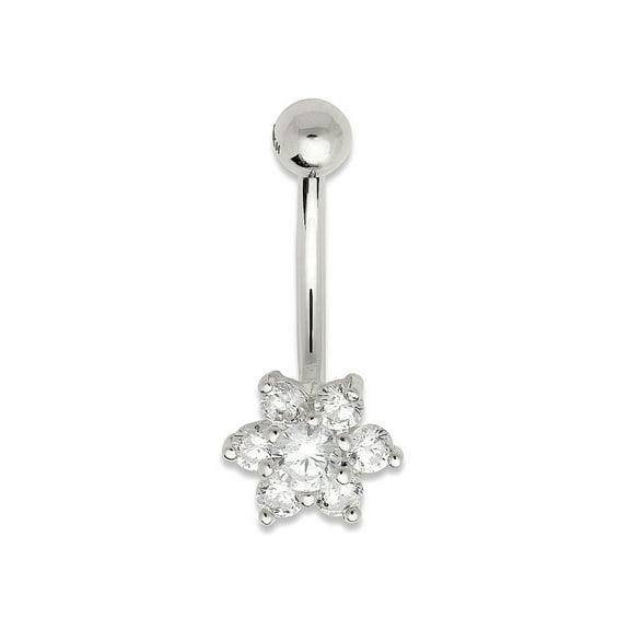 Jewelryweb Curata Solid 14k Gold Cubic Zirconia Flower Belly Button Ring Dangle (7mm X 22mm) (white) Body Piercing Ring