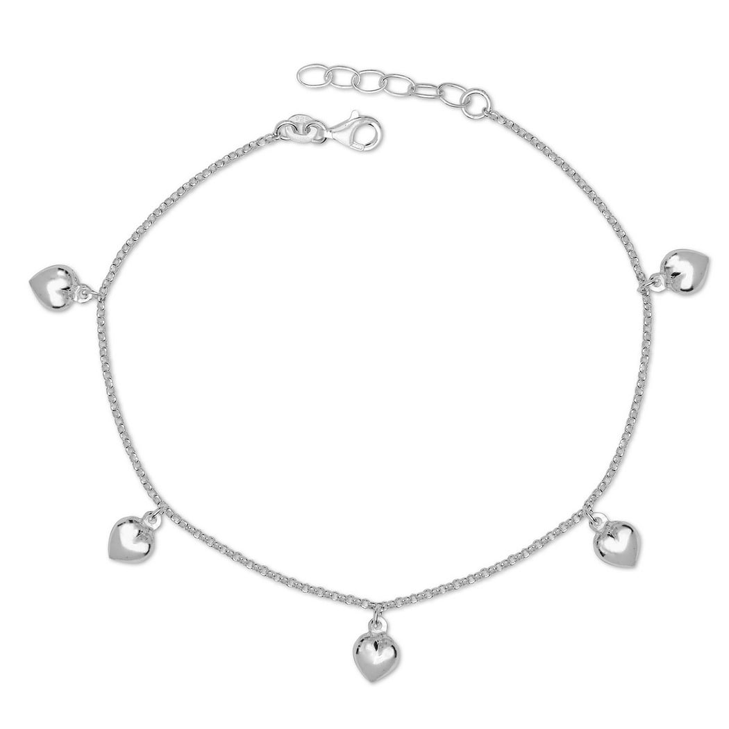 Jewelryweb Italian 925 Sterling Silver 10+1 Inch Dangling Puffed Love Heart Rolo Anklet (11 Inch) Anklet for Women