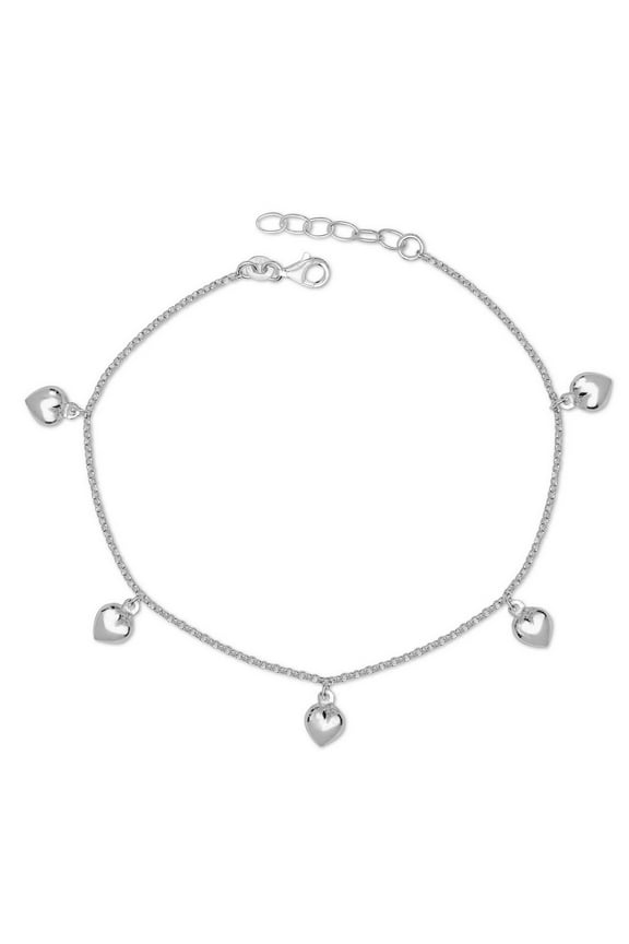Italian 925 Sterling Silver 10+1 Inch Dangling Puffed Love Heart Rolo Anklet (11 Inch) Anklet for Women