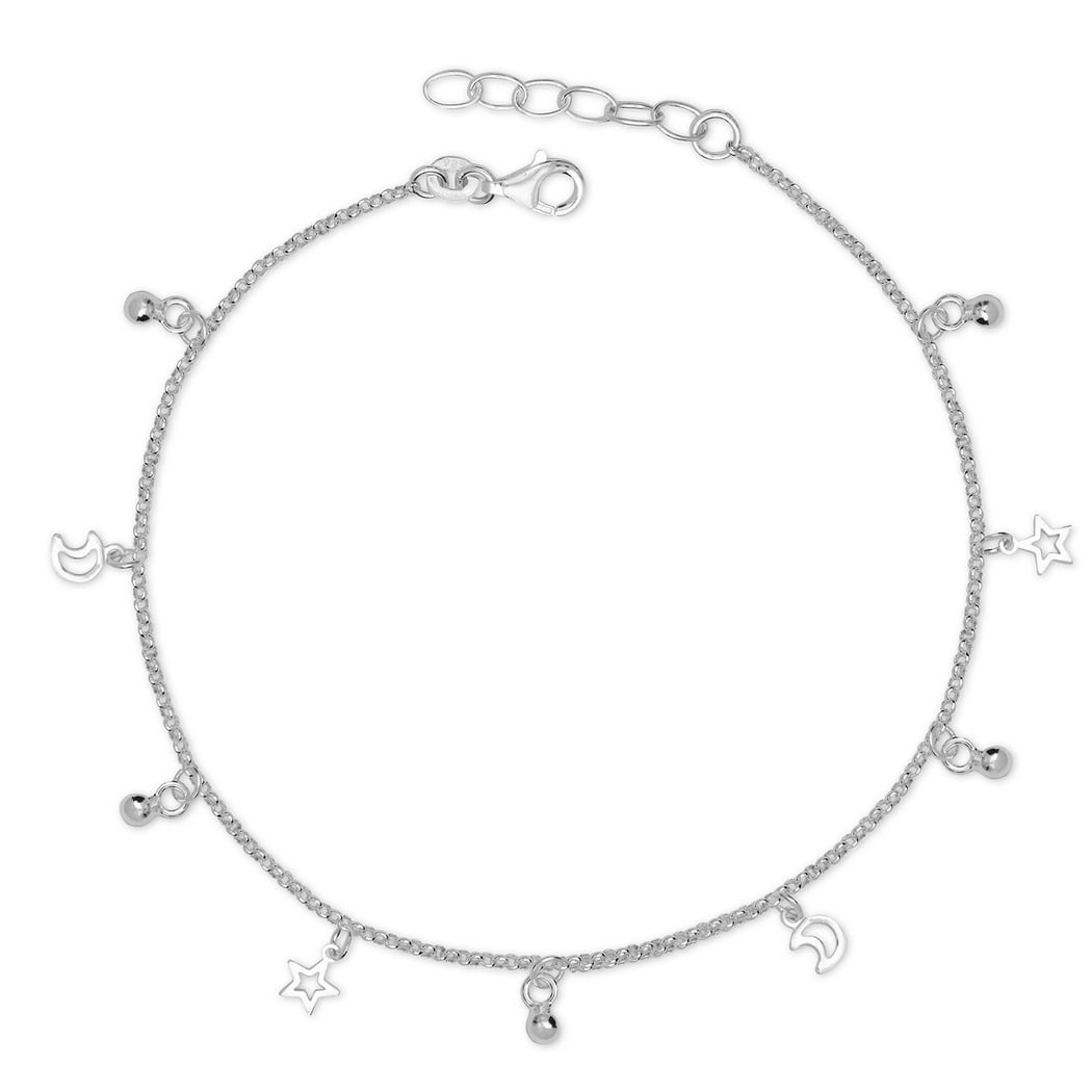 Jewelryweb Italian 925 Sterling Silver 10 Inch Dangling Small Celestial Moon and Star Rolo Anklet White Anklet for Women