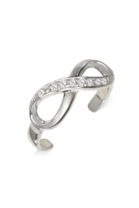 Solid 925 Sterling Silver Adjustable Infinity Ribbon Cubic Zirconia toe ring (6mmx15mm) toe ring for Women