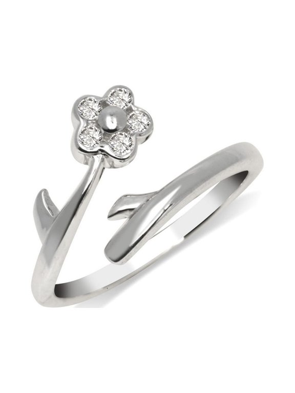 Solid 925 Sterling Silver Flower Bypass Adjustable Cubic Zirconia toe ring (8mmx15mm) toe ring for Women