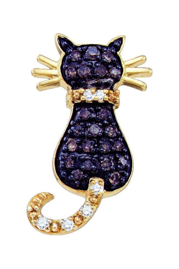 10k Yellow Gold Brown Diamond Kitty Cat Womens Pendant 1/3 Cttw In Pave Setting (I1-I2 clarity; H-I color)
