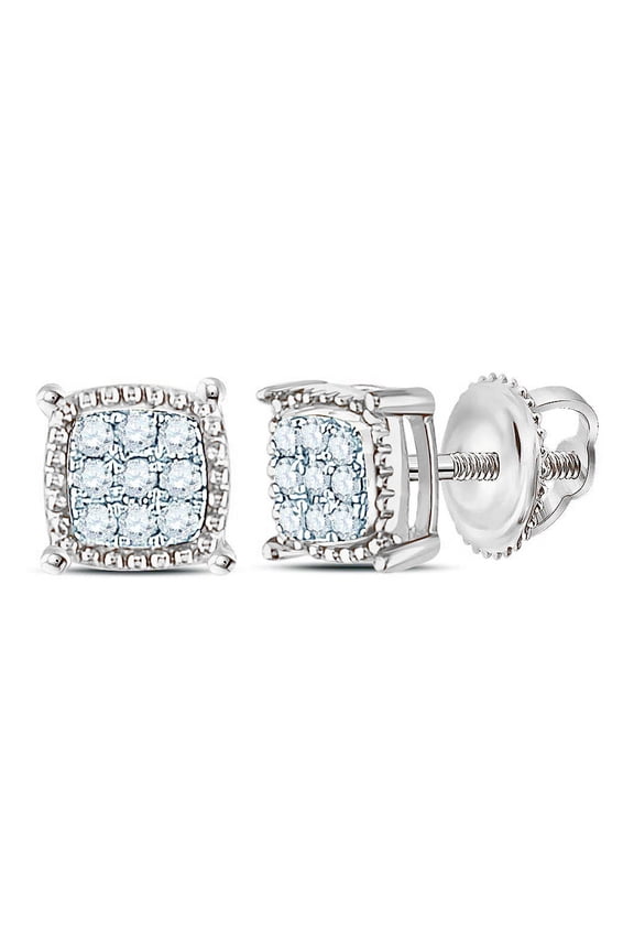 10kt White Gold Mens Round Diamond Square Milgrain Cluster Earrings 1/10 Cttw In Pave Setting (I2 clarity; I-J color)