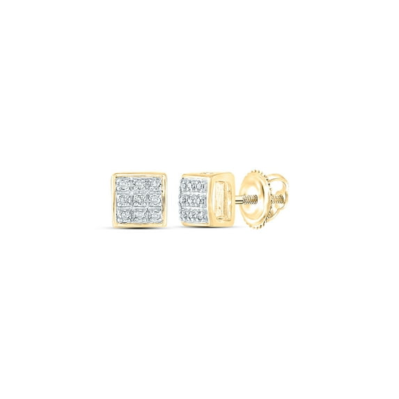 Jewels By Lux 10kt Yellow Gold Mens Round Diamond Square Cluster Stud Earrings 1/20 Cttw In Pave Setting (I3 clarity; J-K color)
