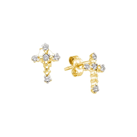 Jewels By Lux 10kt Yellow Gold Womens Round Diamond Cross Religious Earrings 1/20 Cttw In Prong Setting (I2-I3 clarity; J-K color)