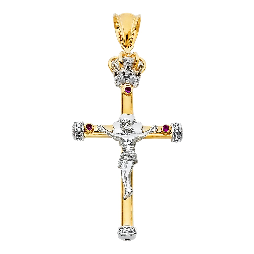 Jewels By Lux 14K White and Yellow Two Tone Gold Fancy Christian Crucifix  Cross Pendant 52mm X 31mm