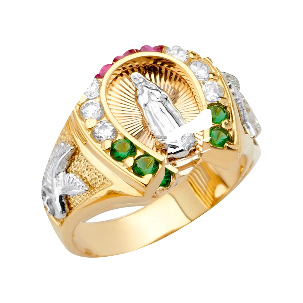 JAJAFOOK Men's Our Lady Of Guadalupe Virgin Mary Ring – Gold Plated Cubic Zirconia Religious Ring Size 7-13