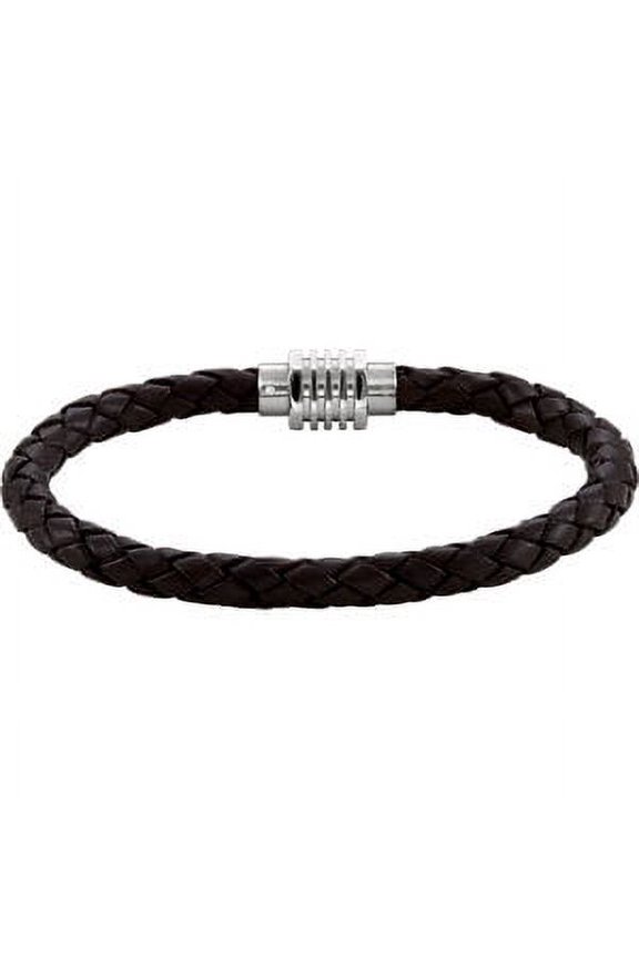 Stainless Steel & Dark Brown Braided Leather 8.5" Bracelet with Magnetic Clasp
