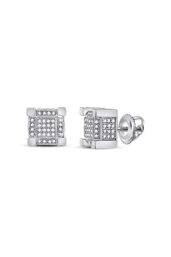 Sterling Silver Mens Round Diamond 3D Square Cluster Stud Earrings 1/2 Cttw In Pave Setting (I2-I3 clarity; J-K color)