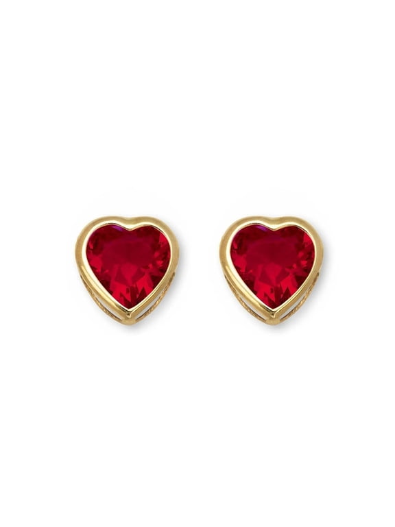 14K Yellow Gold AAA+ 1 ct Birthstone Ruby Heart Bezel Stud Earrings