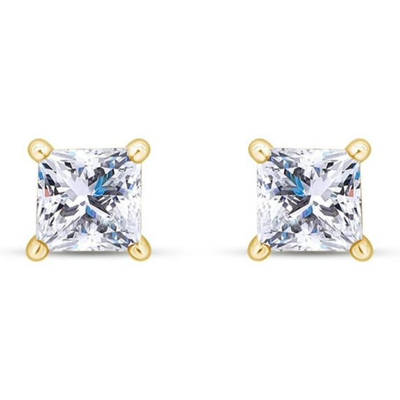 JewelsYard Created Moissanite Diamond 2 Ct (5.5 MM) Princess Cut 4 Prong Solitaire Stud Earrings for Women 14K Yellow Gold Over 925 Sterling Silver