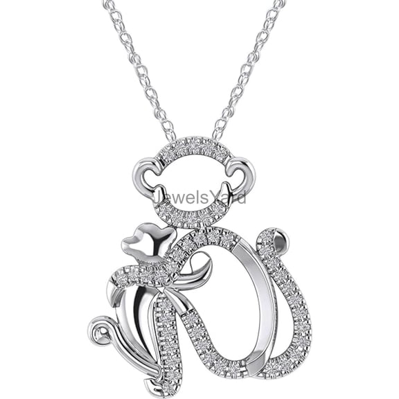 JewelsYard Created Real 925 Sterling Silver 14K White Gold Plated Round Cut White Diamond Animal Monkey Face Pendant Necklace for Women