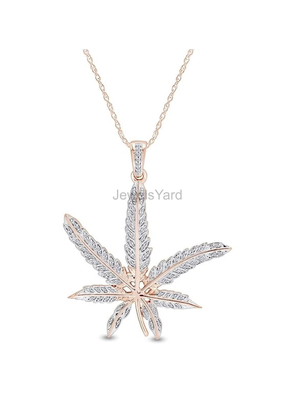 Created Round Cut White Diamond Real 925 Sterling Silver 14K Rose Gold Finish Marijuana Leaf Weed Mary Jane Pendant Necklace Gift for Women