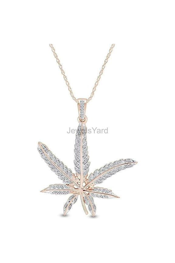 Created Round Cut White Diamond Real 925 Sterling Silver 14K Rose Gold Finish Marijuana Leaf Weed Mary Jane Pendant Necklace Gift for Women