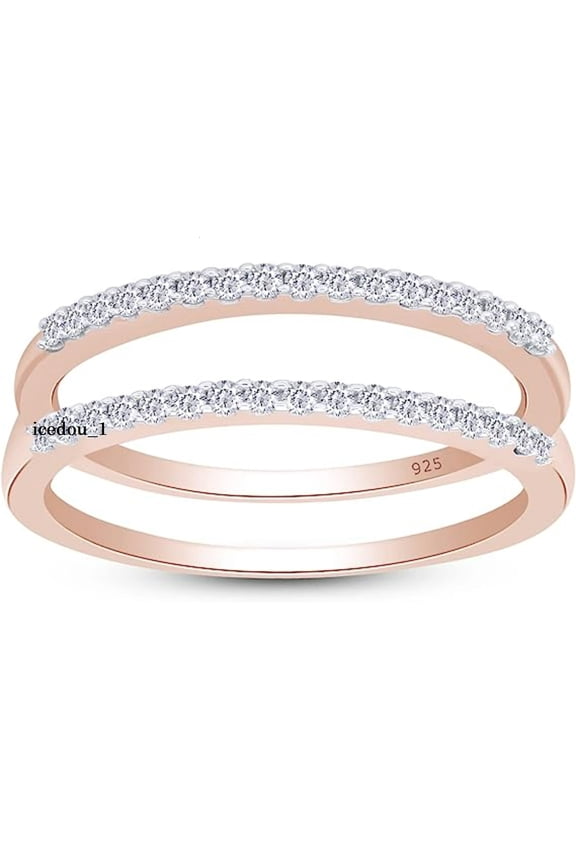 Created Round Shape Sparkling Moissanite White Diamond Real 925 Sterling Silver 14K Rose Gold Plated Engagement Enhancer Guard Ring for Women