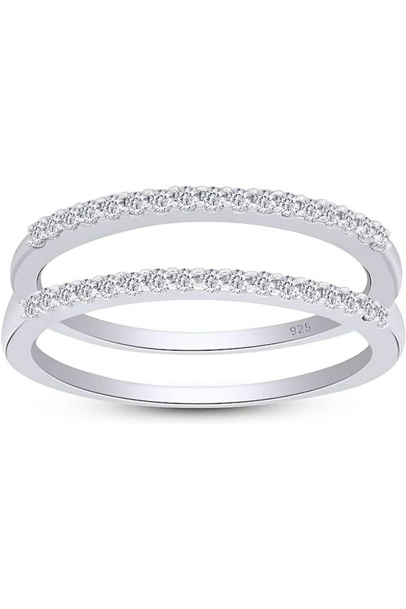 Created Round Shape Sparkling Moissanite White Diamond Real 925 Sterling Silver 14K White Plated Engagement Enhancer Guard Ring for Women