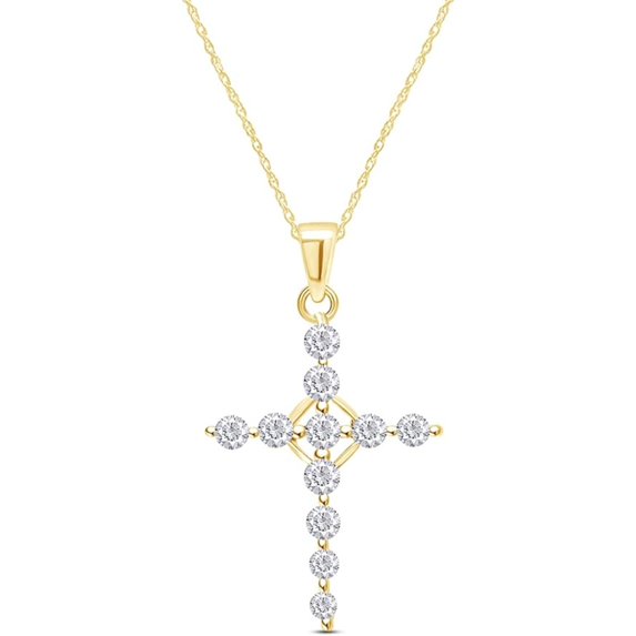 JewelsYard Real 925 Sterling Silver 14K Yellow Gold Finish Round Cut White Diamond Cross Pendant Necklace Christmas Jewelry for Women