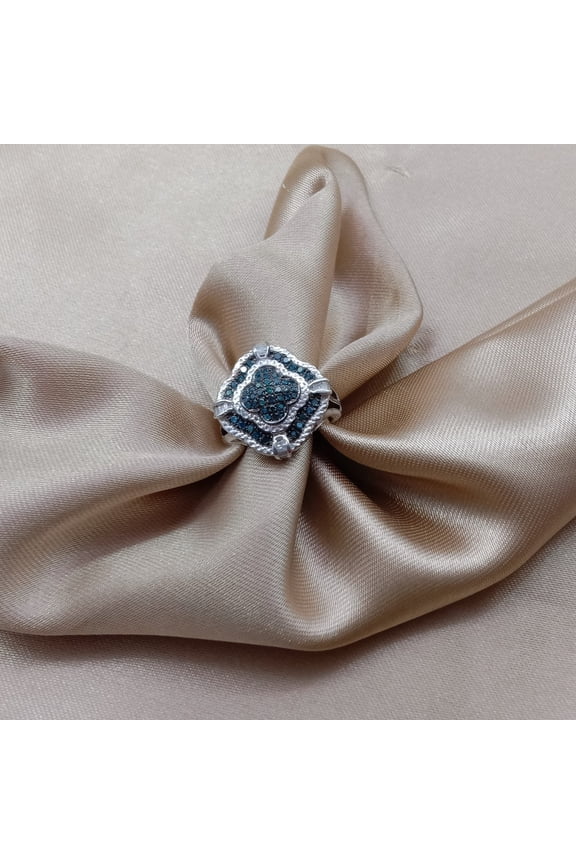 0.68 Cttw White & Color Enhanced Blue Natural Diamond Engagement Wedding for Women in 925 Sterling Silver, Round & Baguette Cut (G-H Color, P2 Clarity), Size 8