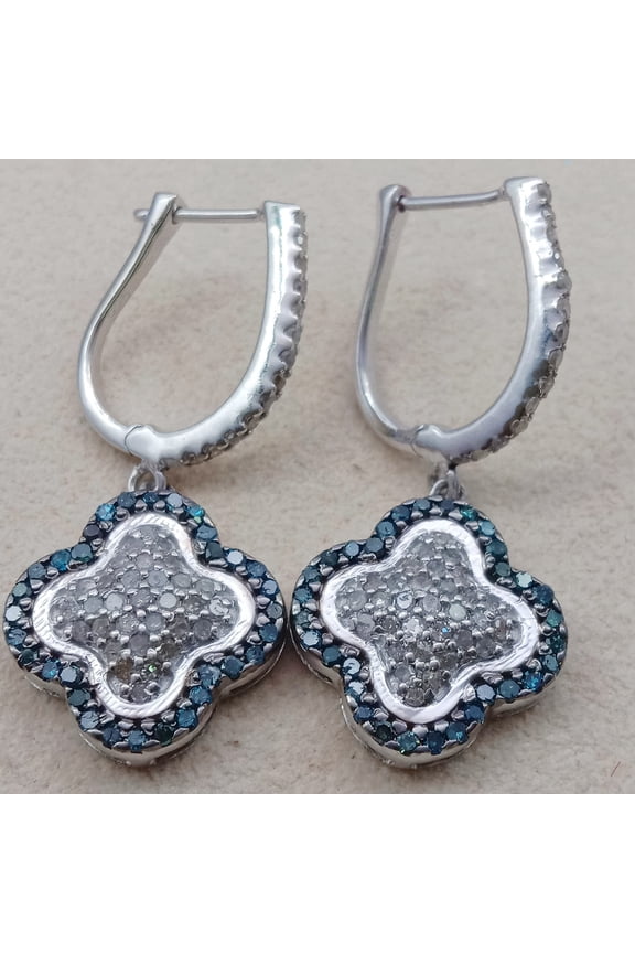 1.57 Cttw Round Cut White Color Enhanced Blue Natural Diamond Clover Drop Dangle Earrings for Women in 925 Sterling Silver, Latch Back, Prong Setting, 35x15mm (G-H Color, P2 Clarity)