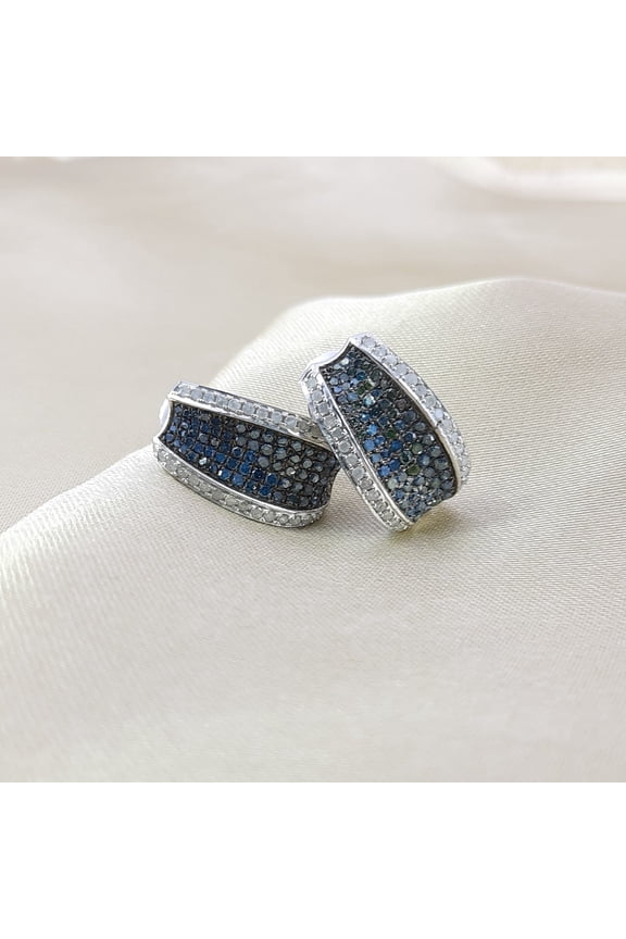 1.90 Cttw White Blue Diamond Hoop Huggie Earrings 925 Sterling Silver, Round Cut Natural Color-Enhanced Diamond Earrings for Women, Latch Back
