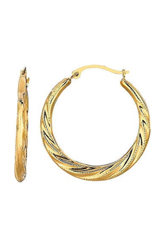 Jewelstop 10K Yellow Gold Shiny Textured Twisted Hoop Earrings, Hinged Clasp 3x24mm
