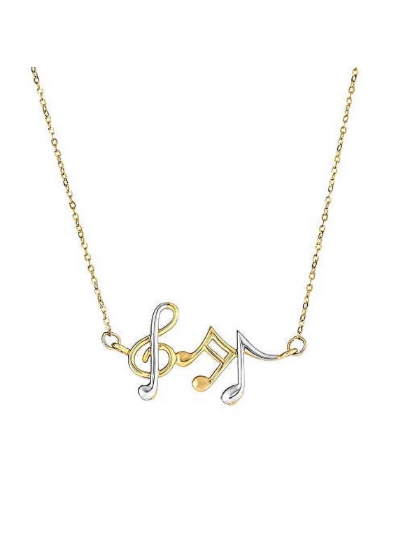 Jewelstop 14K 2-Tone Gold Musical Notes Necklace Anchored to Link Chain with Spring Ring Clasp, 1.6gr.