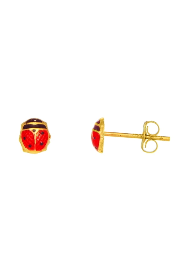 Jewelstop 14K Real Yellow Gold Enamel Ladybug Post Stud Earrings
