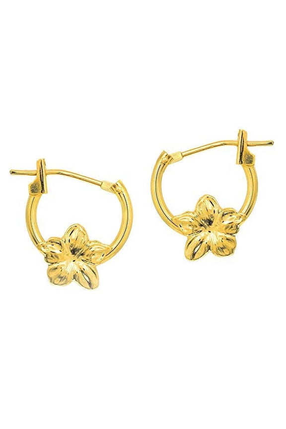 Jewelstop 14K Real Yellow Gold Flower Tubular Hoop Earrings, Small 10mm
